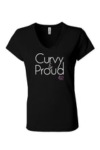 women’s v-neck short sleeve t-shirt in black with curvy & proud in white on front