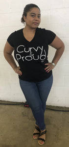 woman wearing curvy & proud v-neck t-shirt in black with white font