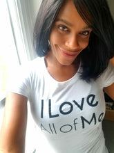 woman wearing I love all of me t-shirt in white with black font