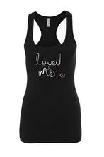 women’s tank top in black with loved by me in white on front 