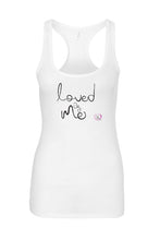 women’s tank top in white with loved by me in black on front