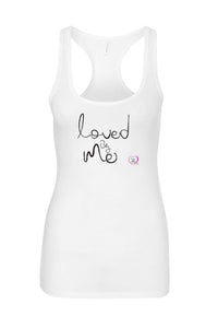 women’s tank top in white with loved by me in black on front