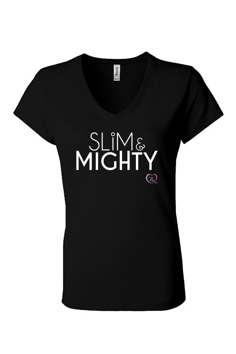 women’s v-neck short sleeve t-shirt in black with slim & mighty in white on front
