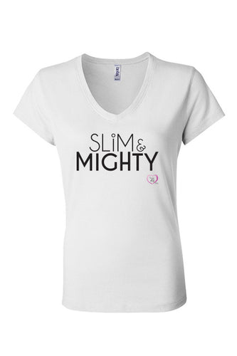 women’s v-neck short sleeve t-shirt in white with slim & mighty in black on front