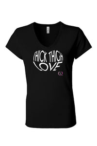 women’s v-neck short sleeve t-shirt in black with thick thigh love in white on front
