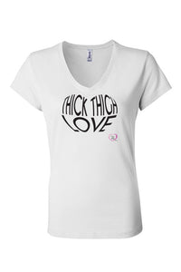 women’s v-neck short sleeve t-shirt in white with thick thigh love in black on front