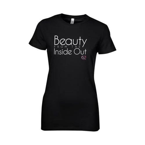 black short sleeve women’s t-shirt with beauty from the inside out in white on front