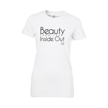 white short sleeve women’s t-shirt with beauty from the inside out in black on front