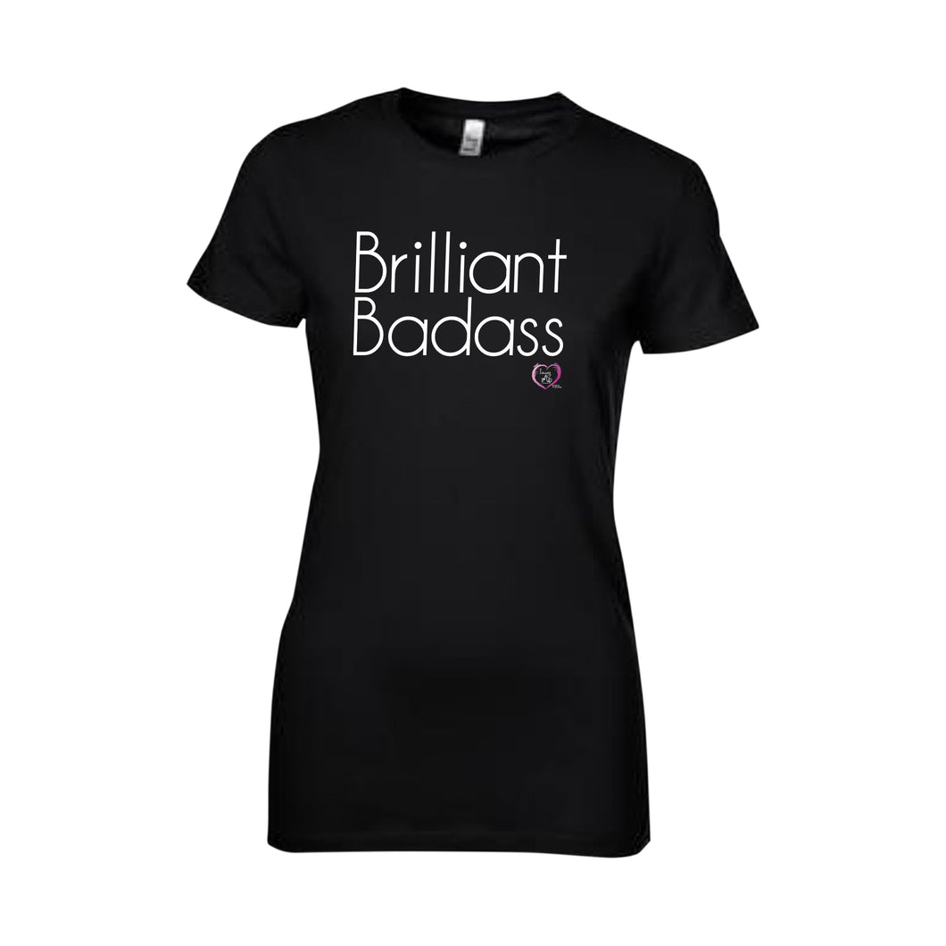 black short sleeve women’s t-shirt with brilliant badass in white on front