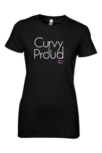 black short sleeve women’s t-shirt with curvy & proud in white on front