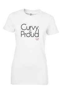 white short sleeve women’s t-shirt with curvy & proud in black on front