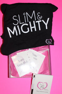 loving me tees love box with slim & mighty t-shirt, journal and affirmations cards