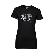 black short sleeve women’s t-shirt with thick thigh love in white on front
